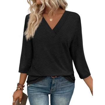Loose 3/4 Length Sleeve V Neck Tops
