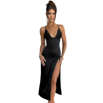 Spaghetti Strap Dress with Split Design Deep V-Neck Sleeveless Backless Bodycon Party Dresses for Womens Clothing