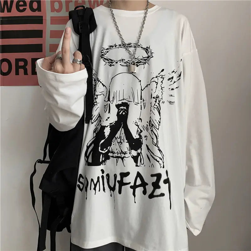 T Shirt for Men Autumn Y2k T-shirt Streetwear Oversized Long Sleeve Anime T-shirt Harajuku Gothic Vintage Graphic Manga Tee Tops KOAKON