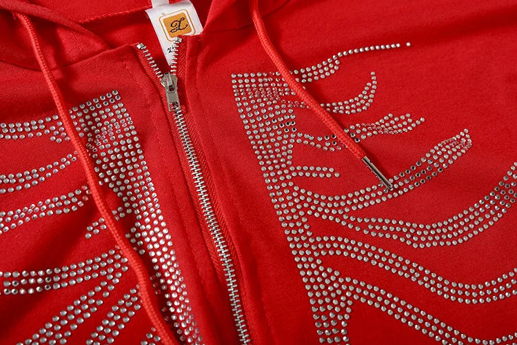 Y2K Rhinestone Skeleton Hoodies Women Gothic Black Zip Up Oversized Sweatshirts Female Retro Harajuku Hooded Jacket Streetwear KOAKON