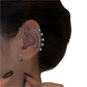 Silver Color Pearl Ear Cuff – Vintage Crystal Zircon Ear Clip, No Piercing Required, Fashion Jewelry for Women