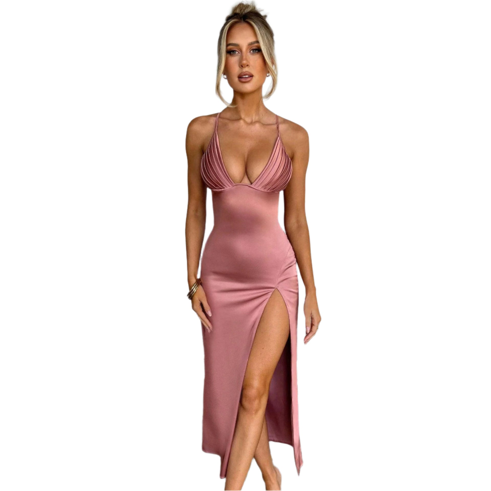 Spaghetti Strap Dress with Split Design Deep V-Neck Sleeveless Backless Bodycon Party Dresses for Womens Clothing