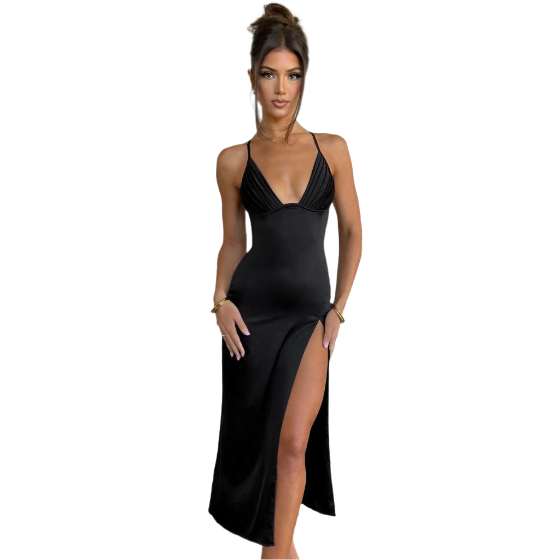 Spaghetti Strap Dress with Split Design Deep V-Neck Sleeveless Backless Bodycon Party Dresses for Womens Clothing
