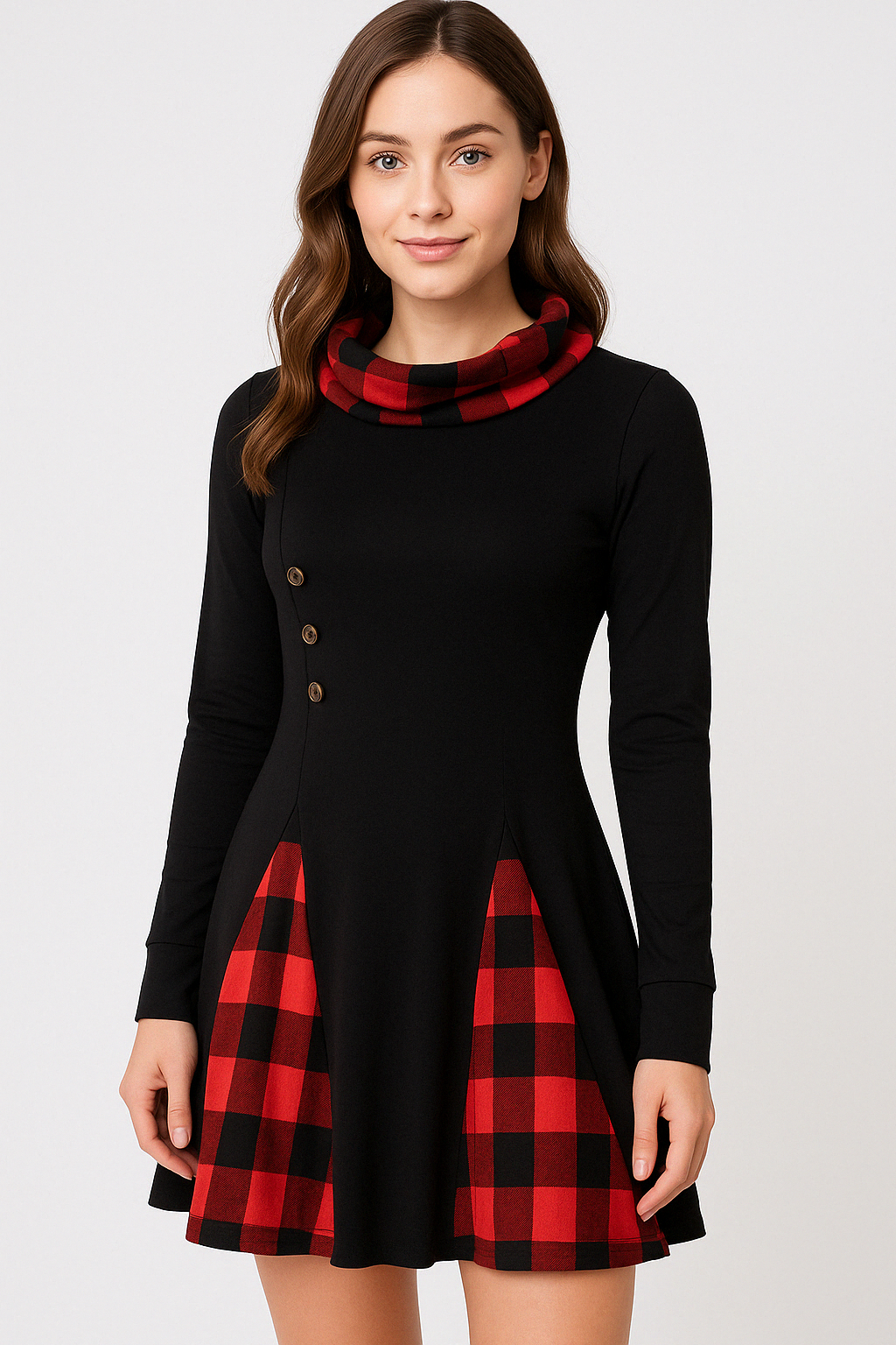 Elegant Plaid Pattern Funnel Neck Long Sleeve Dress KOAKON