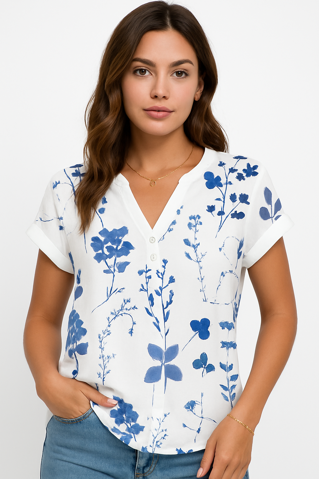 Floral Pullover V-Neck Blouse KOAKON