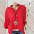 Women's cotton linen shirt solid color V-neck pocket temperament commuter women's long-sleeved top KOAKON
