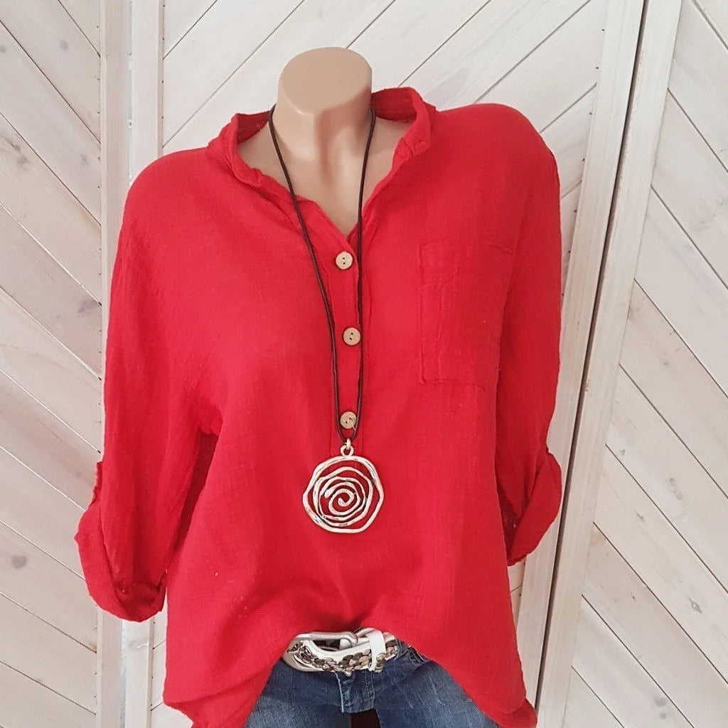 Women's cotton linen shirt solid color V-neck pocket temperament commuter women's long-sleeved top KOAKON