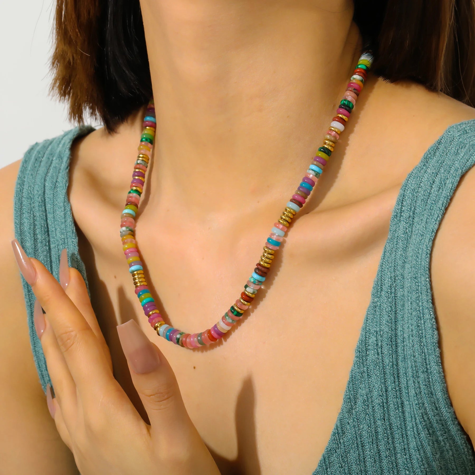 Boho Colorful Beaded Necklaces for Women Summer Beach Surfer Handmade Jewelry Rainbow Natual Stone Choker Necklace Gold Plated KOAKON