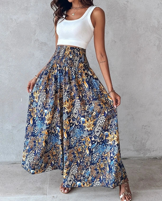 Floral Print Shirred Wide Leg Pants KOAKON