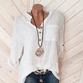 Women's cotton linen shirt solid color V-neck pocket temperament commuter women's long-sleeved top KOAKON