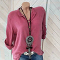Women's cotton linen shirt solid color V-neck pocket temperament commuter women's long-sleeved top KOAKON