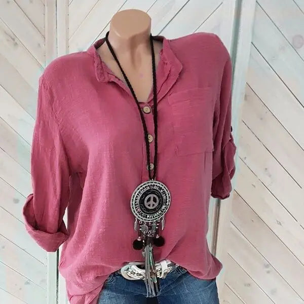 Women's cotton linen shirt solid color V-neck pocket temperament commuter women's long-sleeved top KOAKON