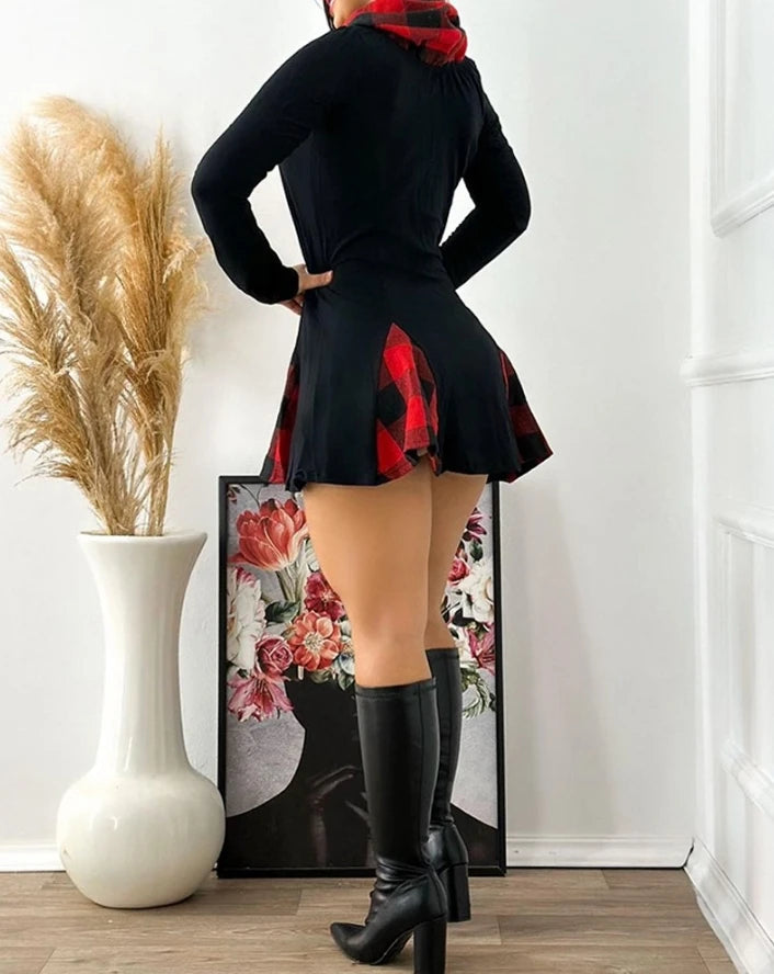 Elegant Plaid Pattern Funnel Neck Long Sleeve Dress KOAKON