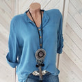 Women's cotton linen shirt solid color V-neck pocket temperament commuter women's long-sleeved top KOAKON