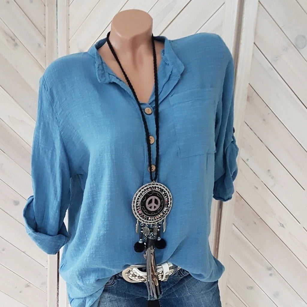 Women's cotton linen shirt solid color V-neck pocket temperament commuter women's long-sleeved top KOAKON
