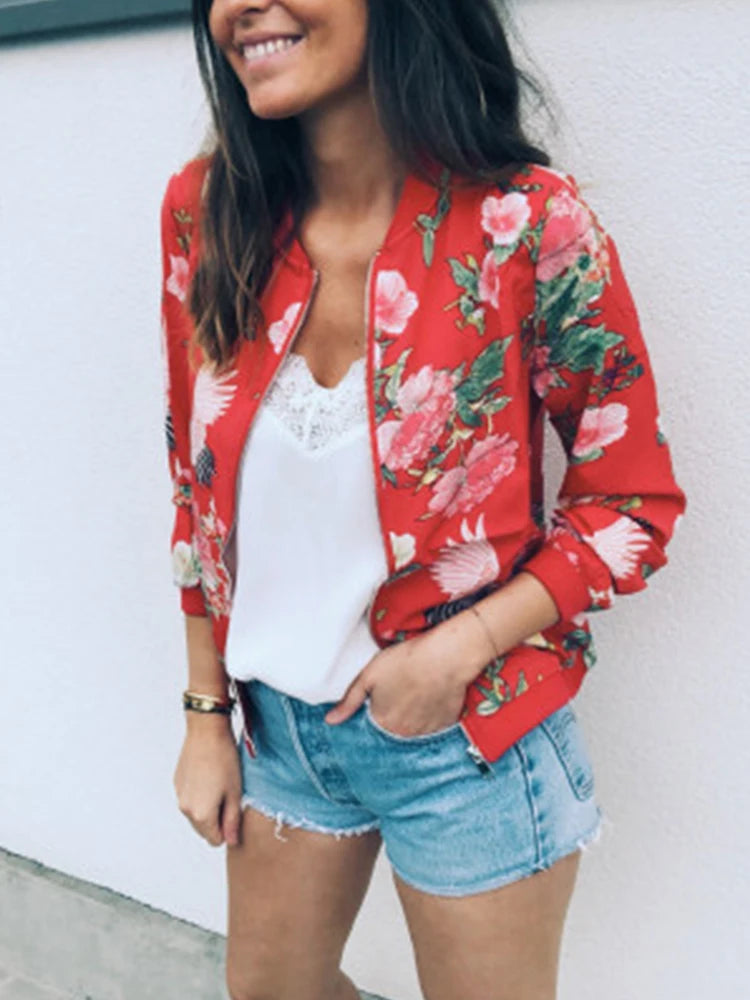Floral Print Zipper Casual Jacket Women 2023 Spring Summer Long Sleeve Loose Bomber Jacket Coat O Neck Fashion Tops Outerwear KOAKON