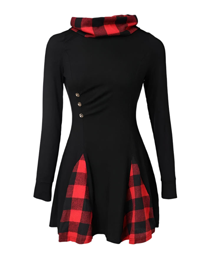 Elegant Plaid Pattern Funnel Neck Long Sleeve Dress KOAKON