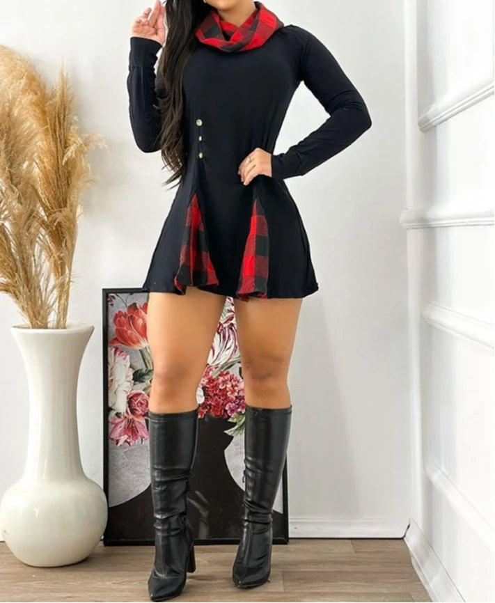 Elegant Plaid Pattern Funnel Neck Long Sleeve Dress KOAKON