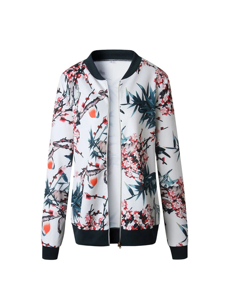 Floral Print Zipper Casual Jacket Women 2023 Spring Summer Long Sleeve Loose Bomber Jacket Coat O Neck Fashion Tops Outerwear KOAKON