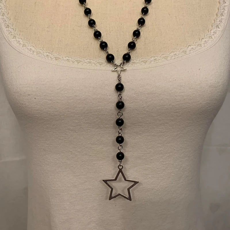 Black Beaded Star Pendant Necklace KOAKON