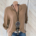Women's cotton linen shirt solid color V-neck pocket temperament commuter women's long-sleeved top KOAKON