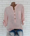 Women's cotton linen shirt solid color V-neck pocket temperament commuter women's long-sleeved top KOAKON