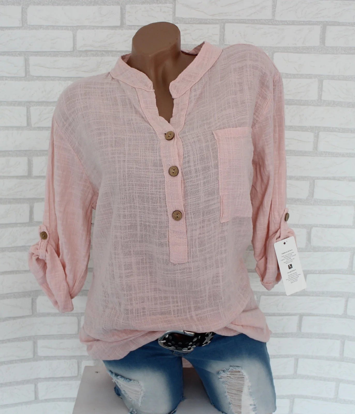 Women's cotton linen shirt solid color V-neck pocket temperament commuter women's long-sleeved top KOAKON