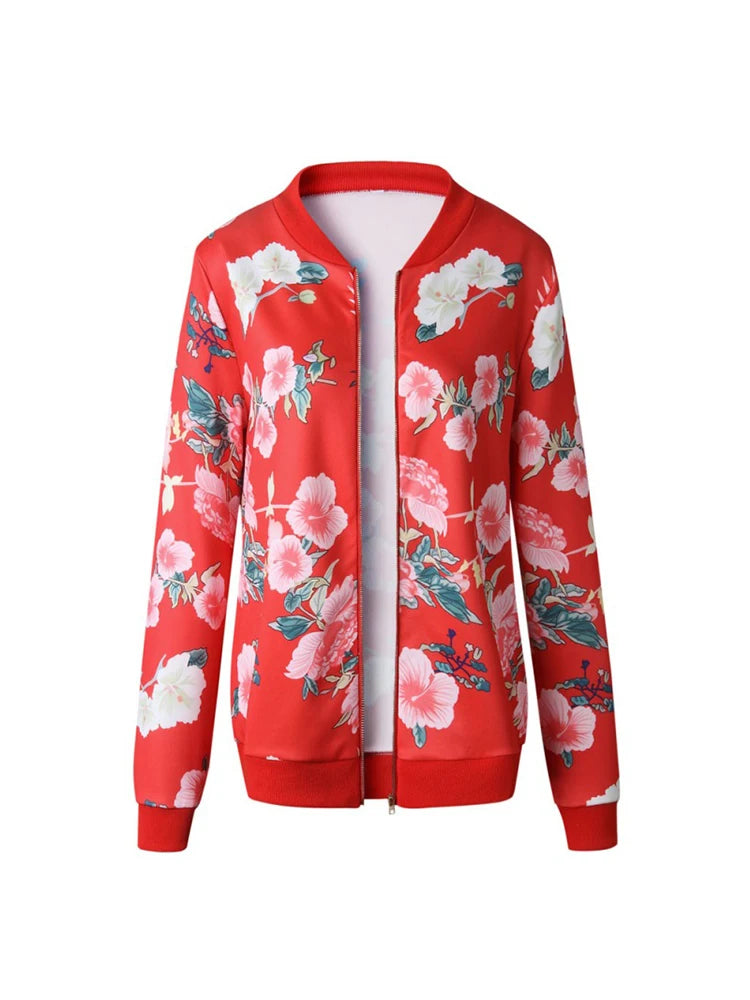 Floral Print Zipper Casual Jacket Women 2023 Spring Summer Long Sleeve Loose Bomber Jacket Coat O Neck Fashion Tops Outerwear KOAKON