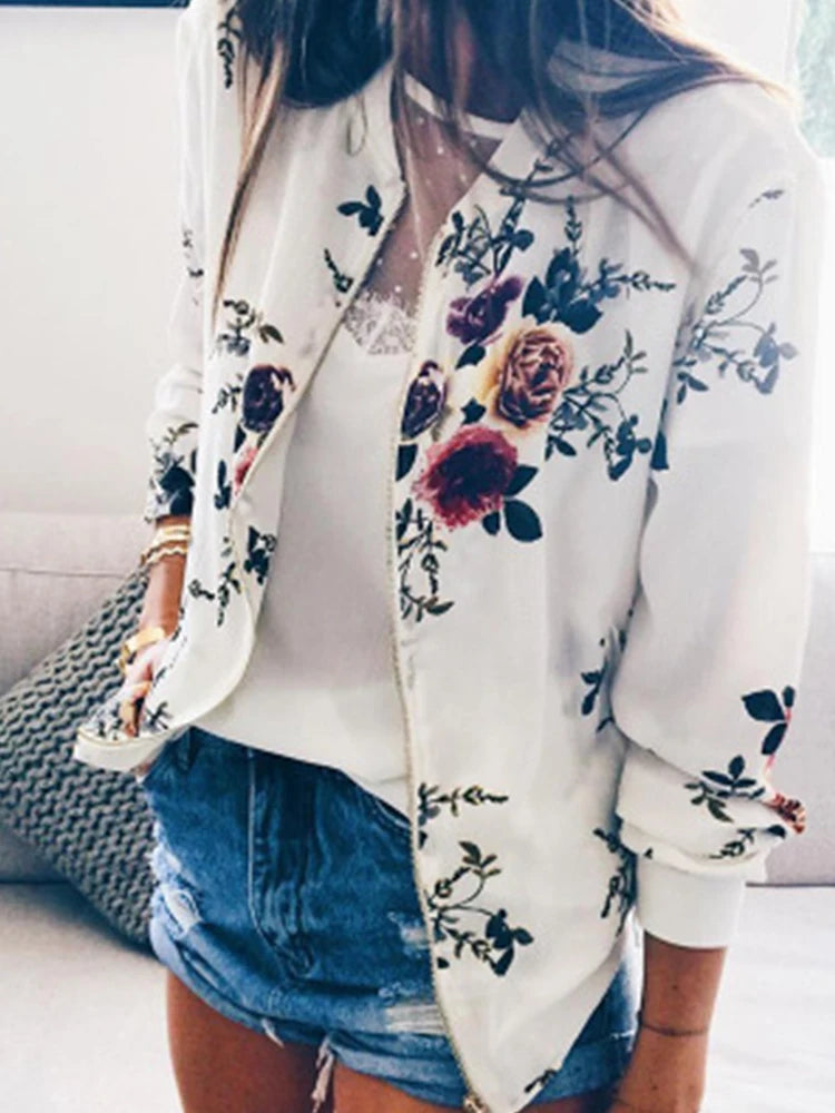 Floral Print Zipper Casual Jacket Women 2023 Spring Summer Long Sleeve Loose Bomber Jacket Coat O Neck Fashion Tops Outerwear KOAKON