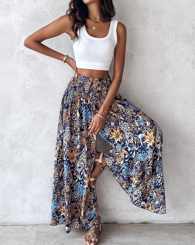 Floral Print Shirred Wide Leg Pants KOAKON