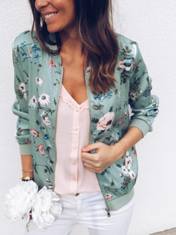 Floral Print Zipper Casual Jacket Women 2023 Spring Summer Long Sleeve Loose Bomber Jacket Coat O Neck Fashion Tops Outerwear KOAKON