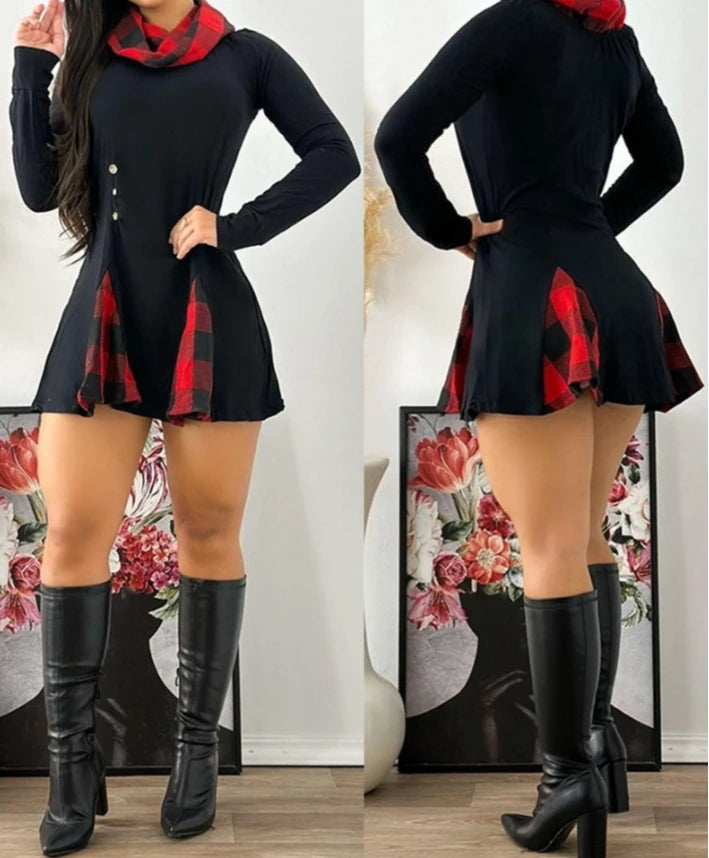 Elegant Plaid Pattern Funnel Neck Long Sleeve Dress KOAKON