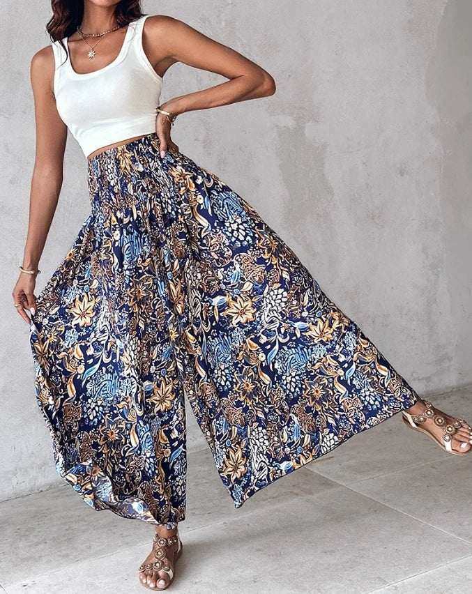 Floral Print Shirred Wide Leg Pants KOAKON