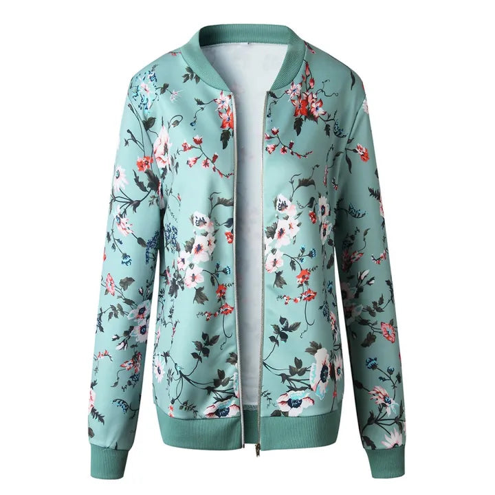 Floral Print Zipper Casual Jacket Women 2023 Spring Summer Long Sleeve Loose Bomber Jacket Coat O Neck Fashion Tops Outerwear KOAKON