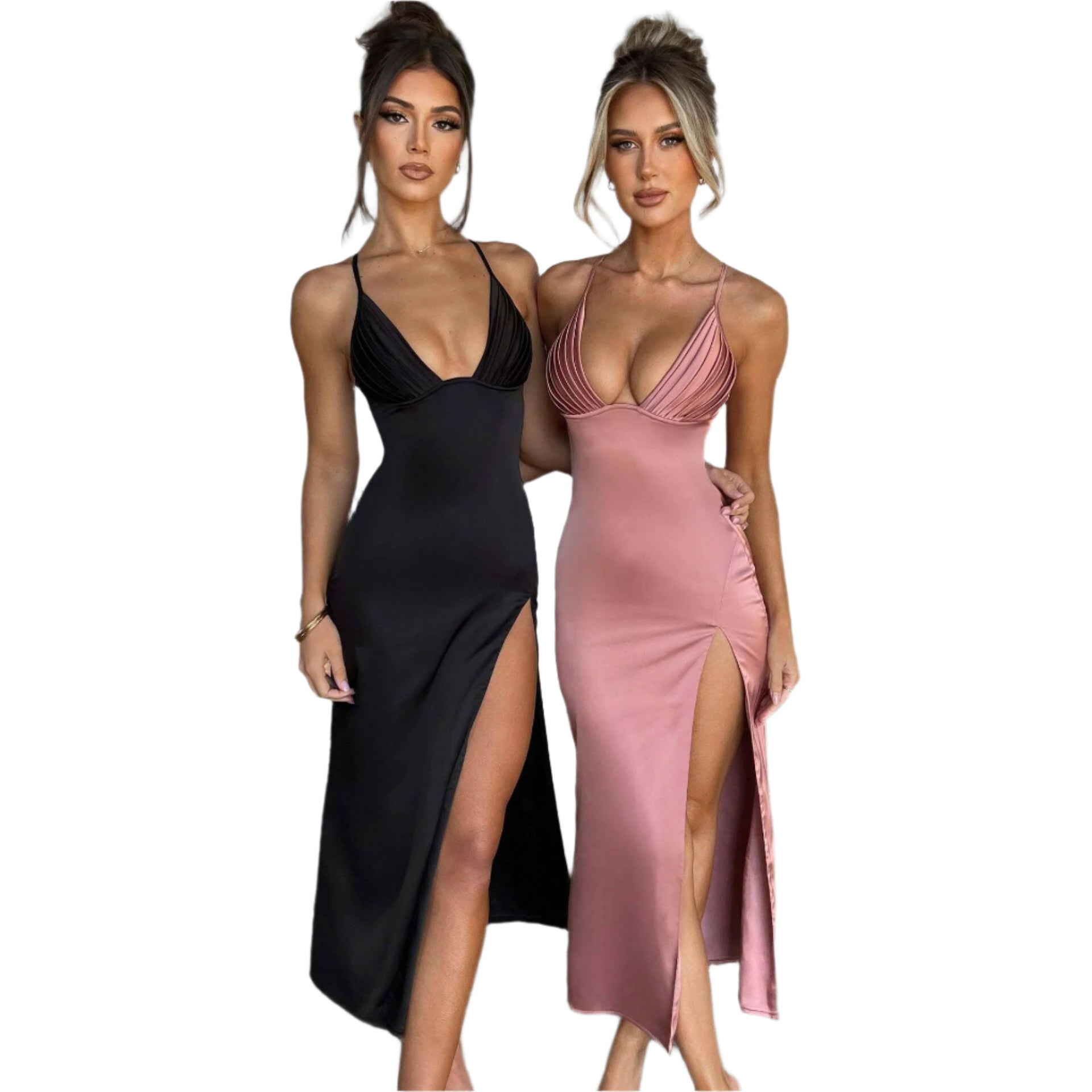 Spaghetti Strap Dress with Split Design Deep V-Neck Sleeveless Backless Bodycon Party Dresses for Womens Clothing
