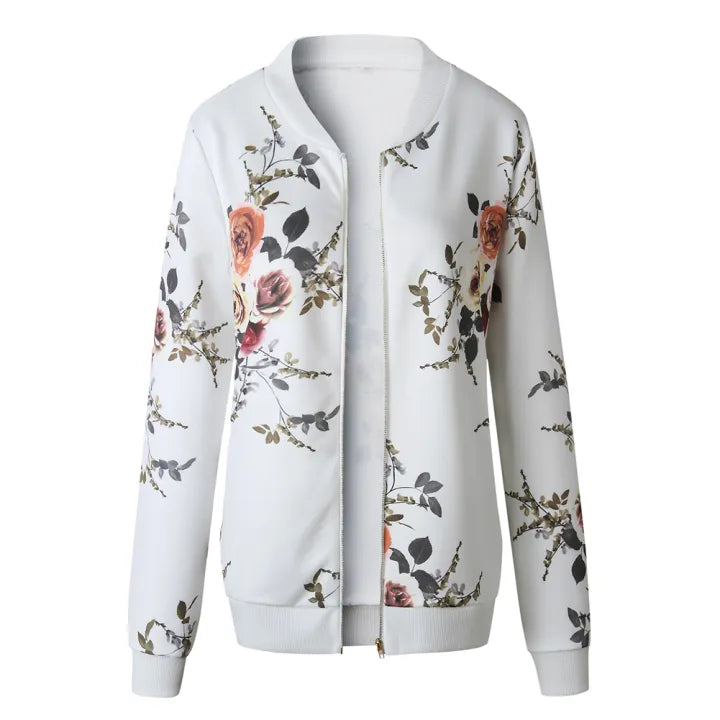 Floral Print Zipper Casual Jacket Women 2023 Spring Summer Long Sleeve Loose Bomber Jacket Coat O Neck Fashion Tops Outerwear KOAKON